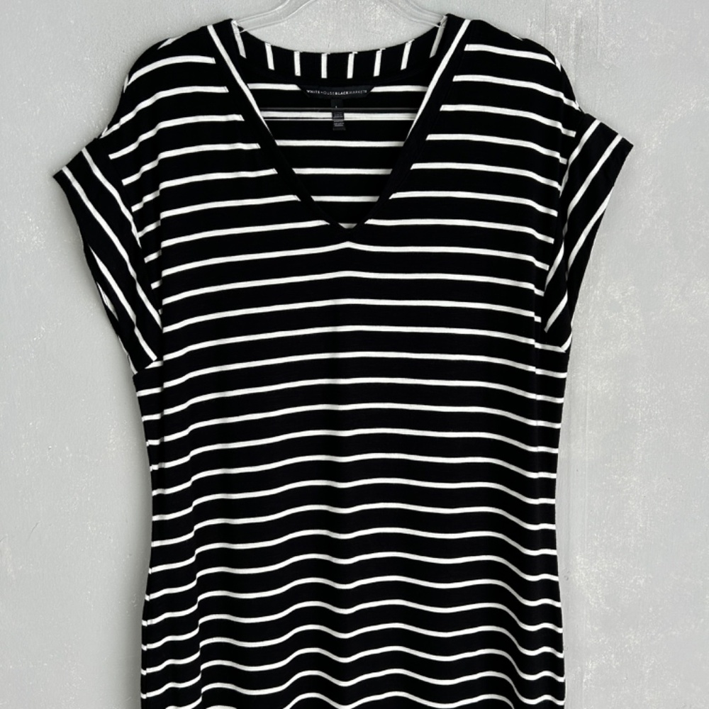White House Black Market size L easy t-shirt midi dress black white striped - Picture 3 of 10